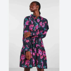 Yas Scura Floral Mini Tiered Hem Shirtdress Sz S